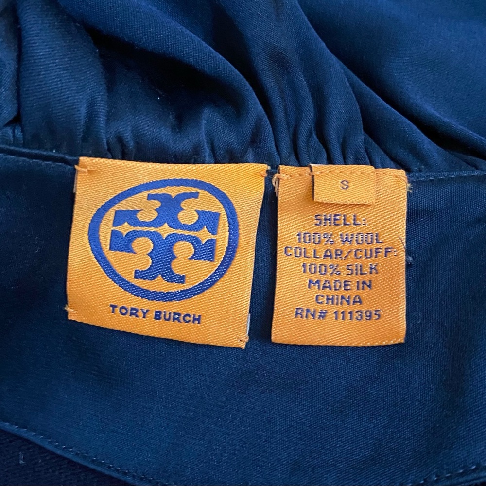 Tory Burch navy blue removable silk ruffle trim neck cuffs knit sweater top - Picture 8 of 8